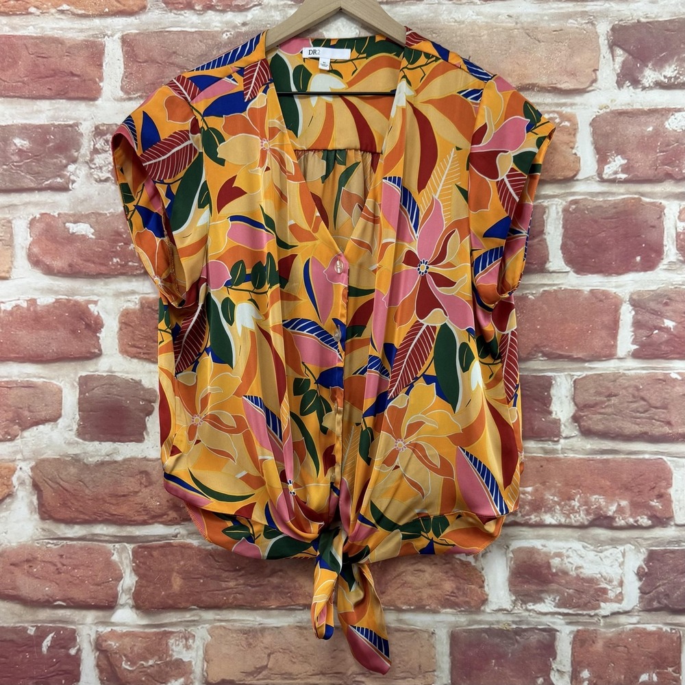 Anthropologie DR2 Top Womens XL Multicolor Floral Abstract Satin Tie Waist Shirt